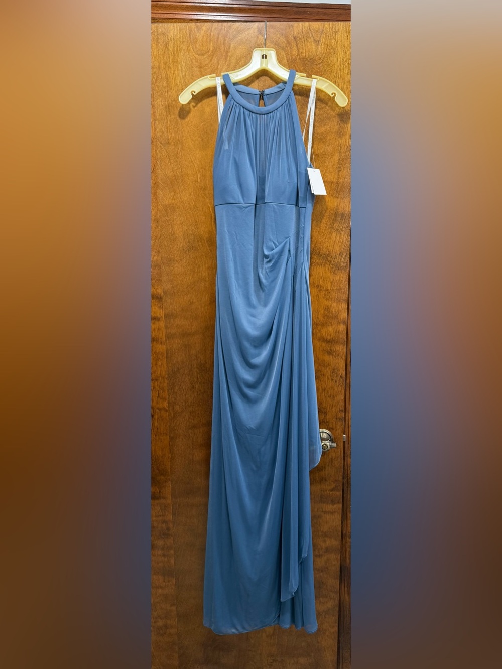 David's Bridal Slate Blue Halter Bridesmaid Dress